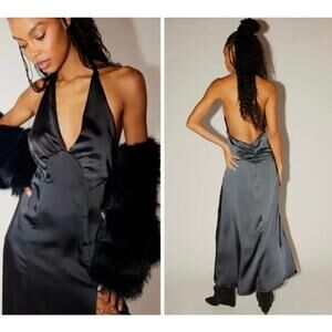NWT Free People Women's Large Black Halter Slit Silky Dance Til Dawn Maxi Dress